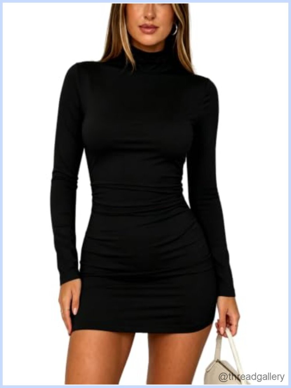 Womens Turtleneck Long Sleeve Bodycon Mini Dress Ruched Casual